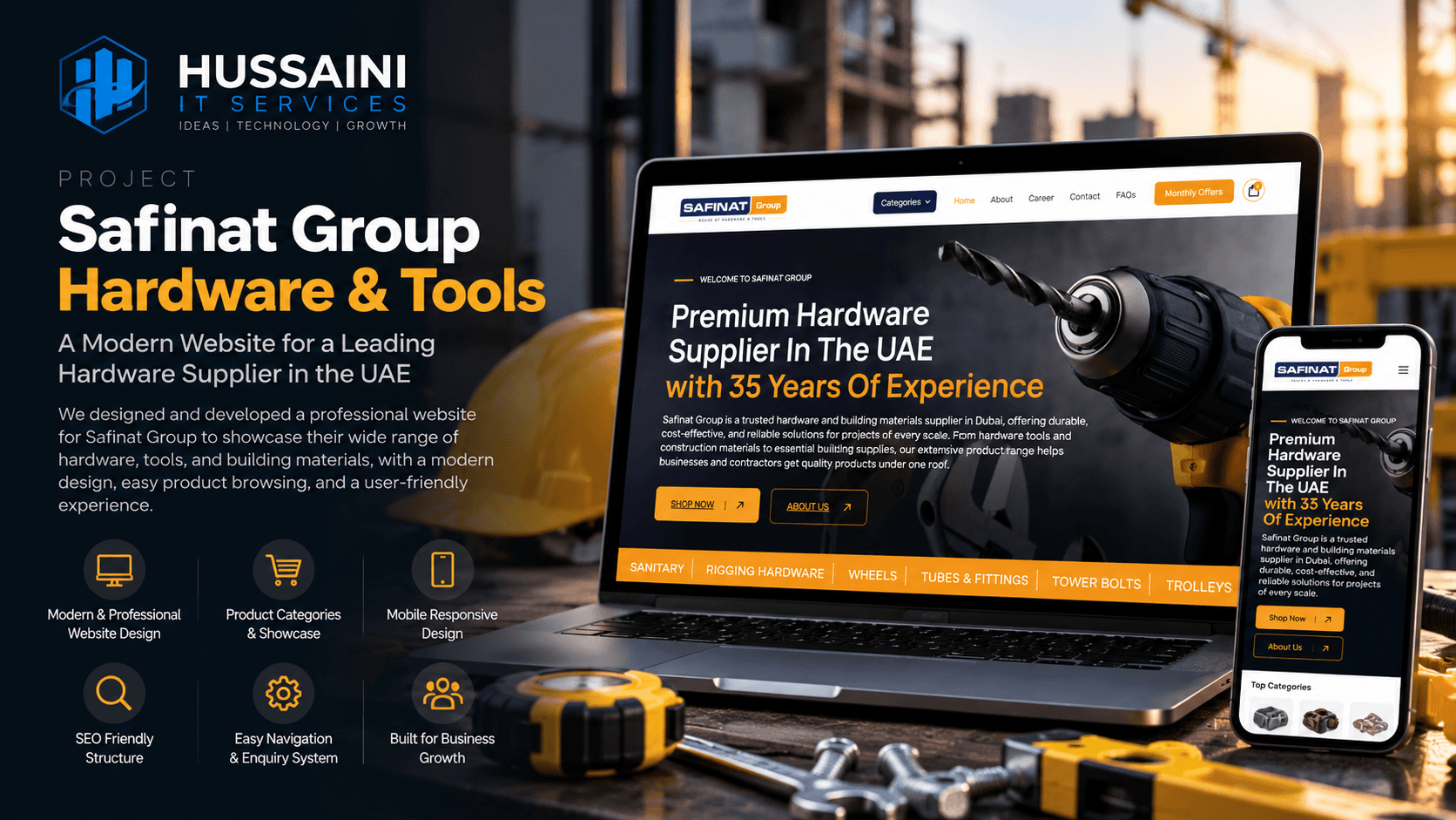 Safinat Group website shown on a laptop and a smartphone, with the homepage hero and the mobile Shop All Products page